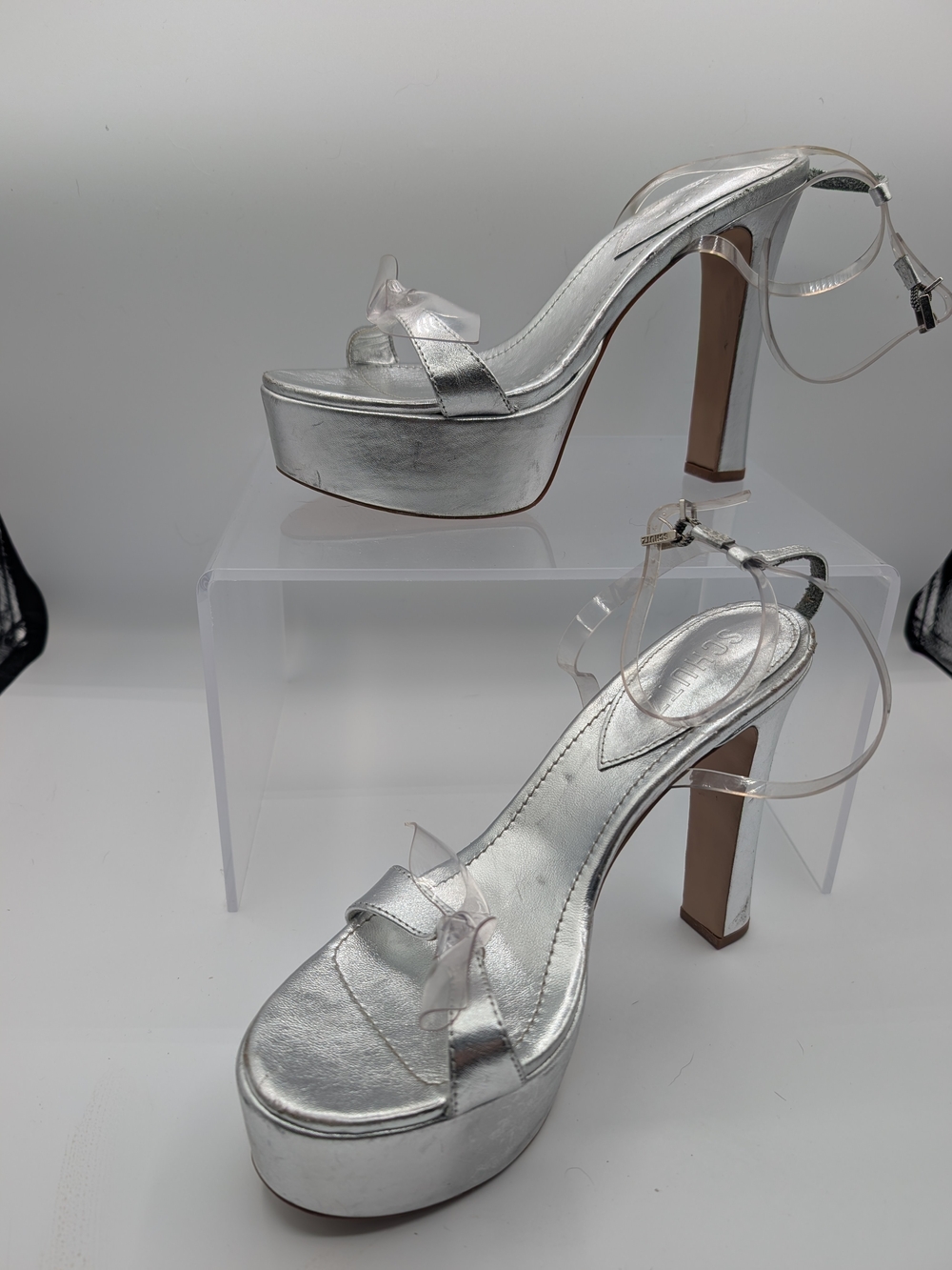 Schultz Silver Metallic Platform High Heel Sandals with Clear Ankle Straps